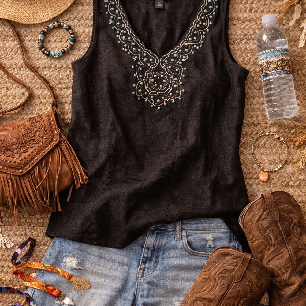 Black Linen Top - Size 14 (Fits like a M/L) - Coastal Beach Vibe Beaded - Picture 4 of 9